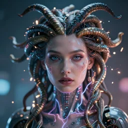 a cyberpunk close up portrait of cyborg medusa, electricity, sparks, bokeh, soft focus, by paul lehr, jesper ejsing