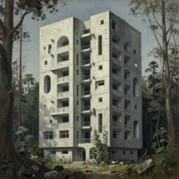 a painting of a building in the middle of a forest, a detailed matte painting, brutalism, dystopian art, rough, unfinished surfaces, unusual shapes, heavy - looking materials, straight lines, greeble, oil paint, insanely detailed and intricate, hypermaximalist, elegant, ornate, hyper realistic by eugene von guerard, zdzislaw beksinski, arnold boecklin