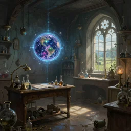 interior shot of a cluttered wizard laboratory with a portal to another world. inspired by alchemy lab and victorian laboratory. a desk next to a window with a scenic view. digital painting, fantasy setting, 4 k, 8 k.