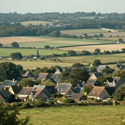 artwork of the cinematic view of normandy with scattered small half - timbered houses in fields by greg rutkowski, landscape view, high angle view, depth of field, trending on artstation, background, nature