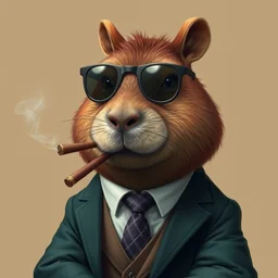 an accurate capybara wearing a suit smoking a cigar, cinematic, artstation
