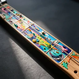 a fretboard by Ralph McQuarrie, Syd Mead and Android Jones intricate details, vibrant