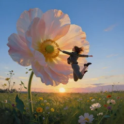 closeup, large flower head, girl in suit jumping in field of flowers, surreal photography, sunrise, blue sky, dramatic light, impressionist painting, digital painting, artstation, simon stalenhag