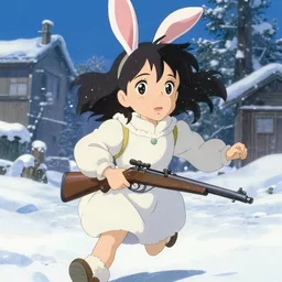 portrait of rascal does not dream of a dreaming girl wearing bunny dress with rifle in hands running winter by greg rutkowski, key visual, kyoto animation, makoto shinkai, studio ghibli pixiv, sharp, detailed, high quality, award winning trending on artstation super detailed face sparkling eyes fingers