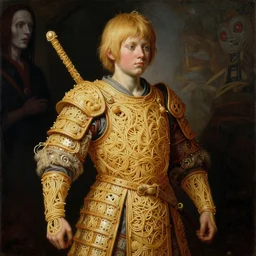 full body and head of half boy half rhibo made of spaghetti, intricate armor made of spaghetti fractals, ancient warrior, samurai style, by giuseppe arcimboldo and ambrosius benson, renaissance, intricate and intense oil paint, a touch of beksinski, realistic