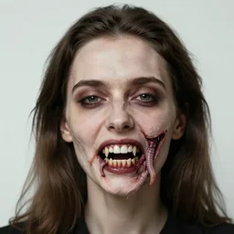 a portrait of margarita simonyan, flesh eating worms, macabre, horror saw teeth, horror rotten teeth, peeling face skin, by donato giancola and greg rutkowski and wayne barlow and zdzisław beksinski, realistic face, visible face, digital art, artstation, symmetry