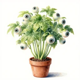 A potted plant growing human eyeballs at the end of its numerous stalks. 8k high resolution, extremely detailed. Naturalistic watercolor botanical illustration.