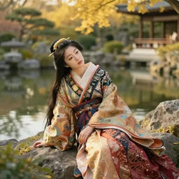 gorgeous japanese princess dreaming by the pond in an ancient fantasy garden, long hair, beautiful intricately decorated clothing, natural pose, golden hour, shallow depth of field, fantasy matte painting, coherent composition, karole bak, mohrbacher, hasui kawase, noriyoshi ohrai