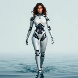 beautiful centered Fine art photo portrait of Priyanka Chopra as a solarpunk robotic humanoid treading on water, white mechanical parts with led lights, photorealistic, white background, highly detailed and intricate, sun lighting, HDR 8k