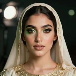 beautiful female portrait, ( ( head shot ) ), sharp focus, neo classic, bloom, movie still, sony, puerto rico, symmetrial, face only, makeup, sephora, loreal, green highlights, lens flare, studio light, octane render, national geographic, maybelline, model, arab, traditional, vsco, bokeh, 8 k