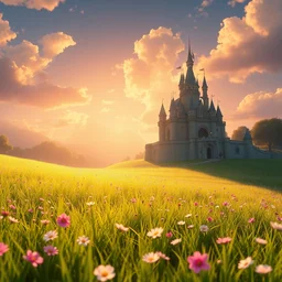 a wholesome animation key shot of an empty beautiful grass field with flowers, howl's moving castle inspired by studio ghibli, animation, sharp, rendered in unreal engine 5, focused, anime key art by greg rutkowski, bloom, dramatic lighting