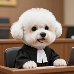 a closeup photorealistic photograph of a cute smiling white bichon frise judge wearing a black gown and speaking to the courtroom. this 4 k hd image is trending on artstation, featured on behance, well - rendered, extra crisp, features intricate detail, epic composition and the style of unreal engine.