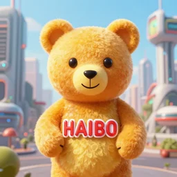 portrait of haribo bear in future city, color and shape focus, cnetral composition, natural light, bloom, puff, by simon stalenhag and rene magritte