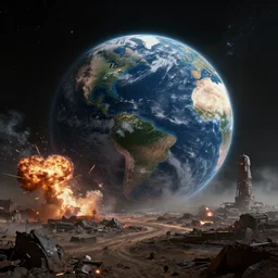 dystopian planet earth from space, war explosions, wasteland, dark futuristic, terraforming