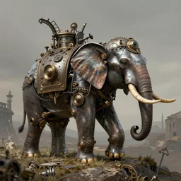 a mechanical elephant, steampunk, by Jakub Rozalski, style of Iron harvest