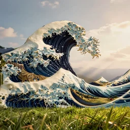A tree in the shape of the great wave off kanagawa, detailed, concept art, low angle, high detail, warm lighting, volumetric, godrays, vivid, beautiful, trending on artstation, by Jordan grimmer, huge scene, grass, art greg rutkowski