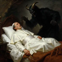 the pope is in his bed, nervous and terrified, because a double horned shadow figure ghost from hell is attacking him. highly detailed painting by gaston bussiere, j. c. leyendecker, greg rutkowski, craig mullins 8 k