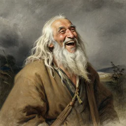 a happy, old shaman is laughing in the storm, sketch by Rembrandt
