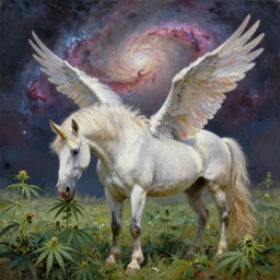 an unicorn with wings eating in a field of marijuana, a nebula is in the sky, oil painting, fantasy art, concept art, highly detailed, photorealistic, high quality, 8 k, masterpiece