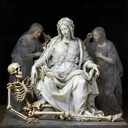highly detailed 8 k la pieta medium shot painting of catholic veilded transparent ladies around rotting skeleton still life, lawrence alma - tadema, slime, artstation, special effects makeup, 1 9 th, maximalist, masterpiece, glittering, gold, ivory, hyperreal, golden ratio, alphonse mucha, mythological
