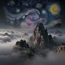 a beautiful digital render of a dream landscape with tall mountains dissolving into clouds dissolving into a nebula, fog, dark, volumetric lighting, starry night, very detailed, cirrus, ( ( magenta accents ) ), teal accents, gold accents, washed out colors, intricate detail, ultrarealistic, master level composition, raytracing
