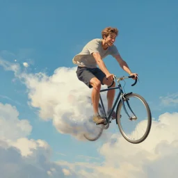 2ft away from a striking scene, a painting of a happy man flying in the sky on his bicycle in the clouds, award-winning digital art by Ross Tran