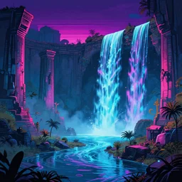 neon ancient ruins with waterfalls,digital art,retrowave art,trending on art station