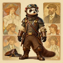 anthropomorphic ferret steampunk aviator pilot. Renowned character illustration by greg rutkowski, thomas kindkade, alphonse mucha, loish, norman rockwell. Trending on furaffinity. Digital art.