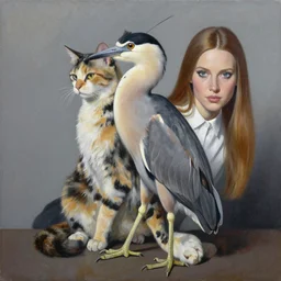 painting of hybrid black crowned night heron with pointy cat ears, cat eyes, calico pattern, cat paws, intercrossed animal, mixture animal, by zdzislaw beksinski, by tiffany bozic, by chris buzelli