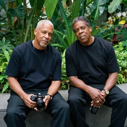 photo of Nasir bin Olu Dara Jones sitting next to JayZ in a lush singaporean garden, luxurious, smooth, sharp focus, shot with Sony alpha 1 camera