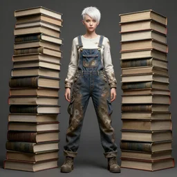 full body pose, beautiful adult fairy, short white hair shaved sides, dirty, grungy, grunge, long sleeve, painted overalls, stacks of giant books, highly detailed, 4 k, hdr, smooth, sharp focus, high resolution, award - winning photo, artgerm, photorealistic