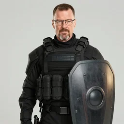 Photo of Walter White wearing heavy modern military gear and holding a bulletproof shield, highly detailed, 8k