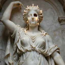 a delicate renaissance marble goddess with the hole in face covered with wax and covered with many candles, highly detailed marble cloth, gi, global illumination, physically based rendering, photorealistic, top light, by Edgar Maxence, Jin Shan and Ross Tran, Mooniq Priem, Boris Vallejo