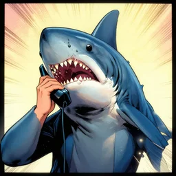 portrait of a megalodon talking on the phone, comic book style