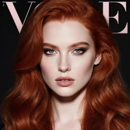 perfect glamour model, perfect glamour, perfect eyes, perfect long red wavy hair, perfect lips, perfect pale skin, dramatic, night, magazine cover, strong, photographic