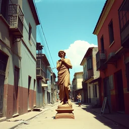 vintage color photo of a michelangelo terracotta sculpture in the middle of a poor brazilian favela street, image by werner herzog