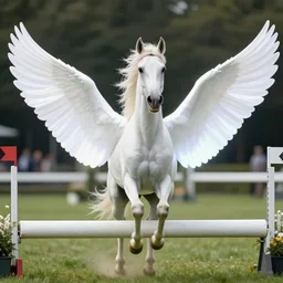 an appaloosa horse is flapping its horse wings at a steeplechase event. the wings are luminescent white, very very smooth, very very large and unfurled. professional high quality, cgsociety, fantasy, photorealism, dof, bokeh, dramatic lighting