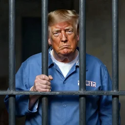 donald trump as a prisoner behind bars in prison clothing, sad, dramatic, powerful, painted by leonardo da vinche