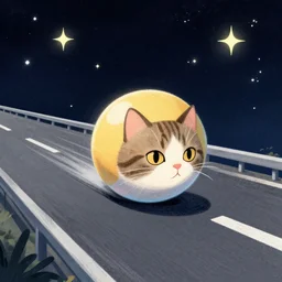 a ball with a cat's face on it, rolling on the highway in space, twinkling stars in the background, illustrated by buchholz quint