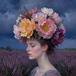 closeup, giant flowers head mohawk, woman in heather field, surreal photography, starlight, storm clouds, impressionist painting, digital painting, artstation, simon stalenhag
