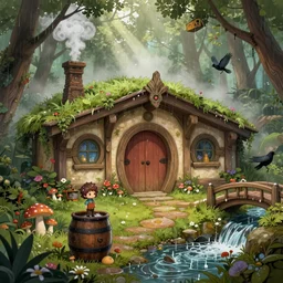 medieval hobbit home, ornate, beautiful, mist, smoke, chimney, rain, book, barrel, wet, mushrooms, cauldron, pristine, puddles, dripping, waterfall, creek, crow, bridge, forest, flowers, concept art illustration, color page, 4 k, tone mapping, doll, akihiko yoshida, james jean, andrei riabovitchev, marc simonetti, yoshitaka amano, digital illustration, greg rutowski, volumetric lighting, sunbeams, particles