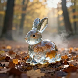 a 3 5 mm lomography long shot photo of melted clear fresnel glass rabbit toy turbulence surface in the sunshine autumn forest, falling autumn leaves are reflected in the glass rabbit, foggy bottom, god rays, ultrasharp, detailed, cinematic