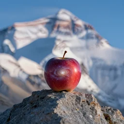 a galaxy apple is sitting on the peak of mount everest, clear focus, bokeh effect, high res, hasselblad, professional photo