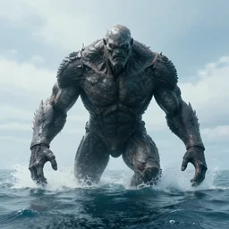 enormus humanoid coming out of the ocean. water hip deep
