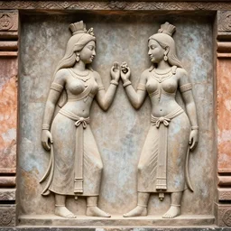 photograph of a bas relief of lindsey pelas and gal gadot found in an ancient javanese temple, by charlotte grimm, natural light, detailed face, canon eos c 3 0 0, ƒ 1. 8, 3 5 mm, 8 k, medium - format print, half body shot