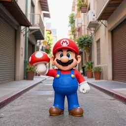super mario selling a magical mushroom in the alleys of los angeles, super mario in real life, red hat, blue overalls, mario is holding a magic mushroom in his hand, canon eos r 3, f / 1. 4, iso 2 0 0, 1 / 1 6 0 s, 8 k, raw, unedited, symmetrical balance, wide angle