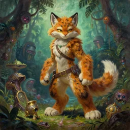 proud and mighty anthro lynx girl fursona adventurer with fluffy fur and big floofy feet is hunting for treasures in the tropical cursed isles. enchanted magical fantasy cyberpunk grimdark oil painting, by james gurney, dan mumford, wayne reynolds, ron spencer, gustave dore