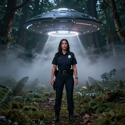 kim kardashian as a cop, full body pov, emotional, night time forest with a ufo sitting in the fog, pretty, aesthetic, matte detailed photo, DeviantArt, Artstation, by donato giancola, ralph horley, loish, ufo lighting