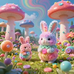 dreamy trippy droopy acid swirls acid shroom trip cotton candy palace gumdrop button rainforest candy bunny rabbits multicolored fur traveling through lush wild flowers searching for immortality and bunny god highly detailed