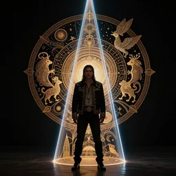 a chicano, an indigenous young man with long hair is standing in a cone of laserlight. dramatic laser lighting, intricate detailed, alchemy hermes trismegistus, haute couture, symbolism, science fiction art, surreal object photography, alebrijes, strong silhouette, fantasy, intricate, elegant, mucha, detailed, trending, art
